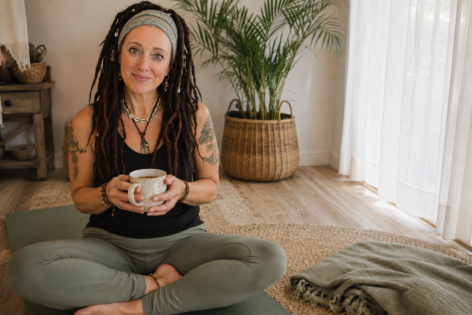 Leisa James sitting cross legged on a yoga mat with a cup of tea in a sunlit Adelaide lounge room