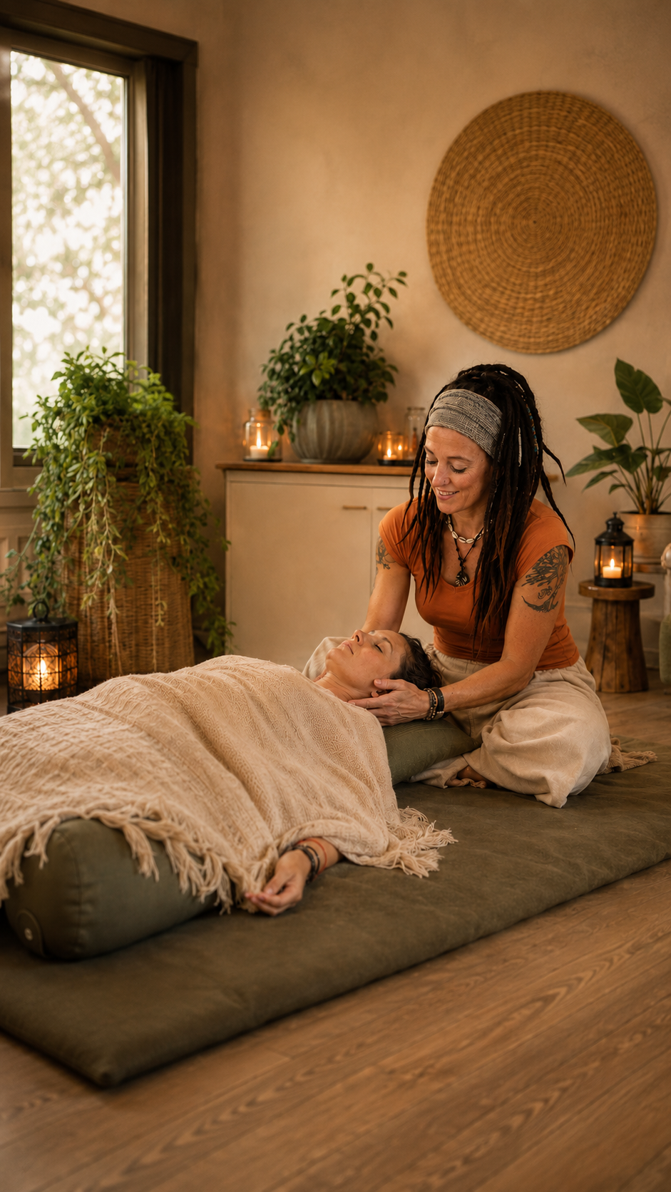 Supported gentle movement during a Thai yoga massage therapy session at home