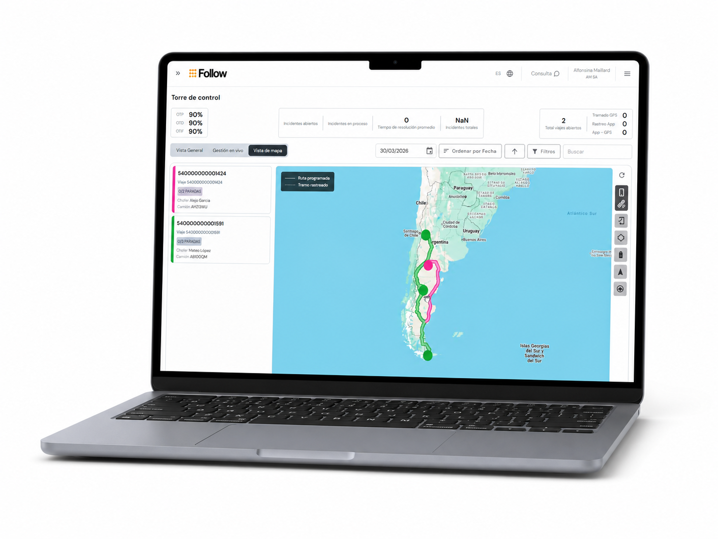 Torre de Control Follow GO con seguimiento de viajes en mapa e información operativa centralizada