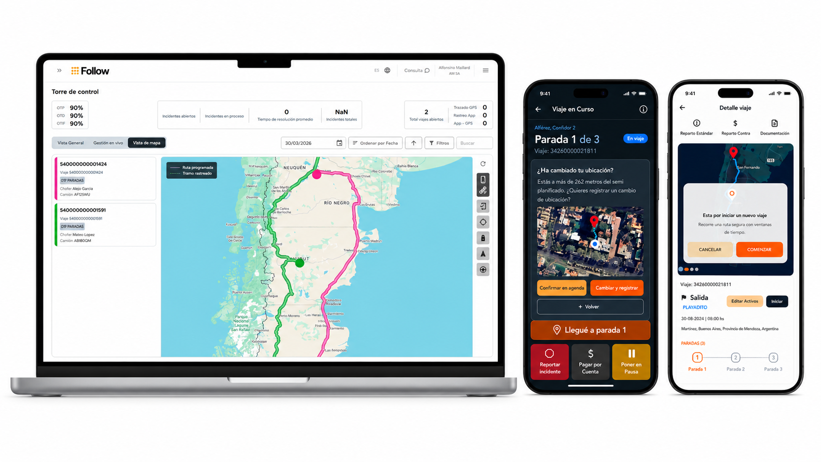 Torre de Control Follow LSN conectada con App Choferes para seguimiento operativo, estados, incidentes y documentación del viaje