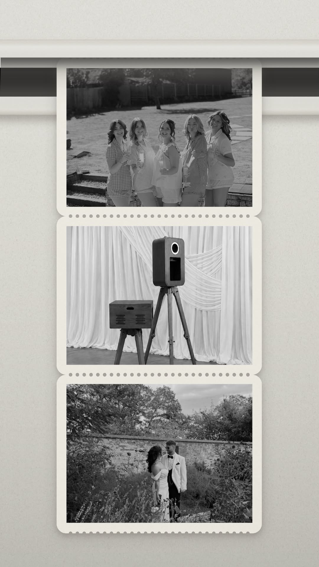 A strip of three prints: friends toasting, the booth in front of a curtain, and a couple in a garden