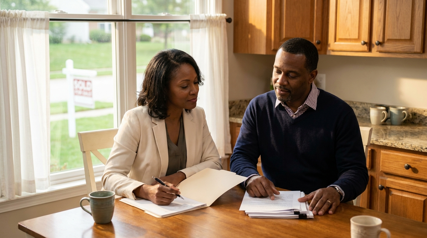 Southwest DFW homeowner reviewing capital gains tax paperwork before selling a Dallas-area home in 2026