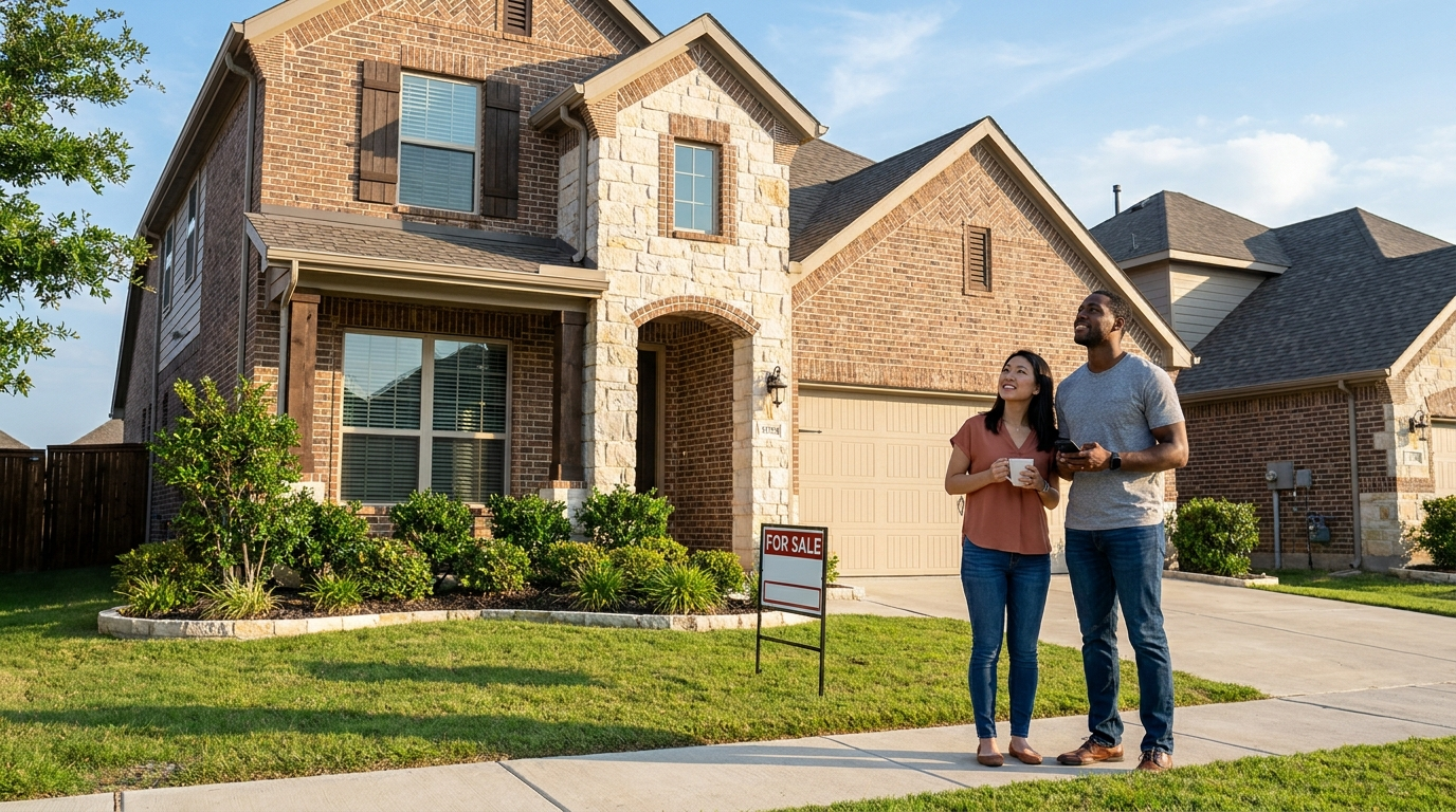 Young DFW couple comparing renting versus buying a home in Mansfield TX in 2026