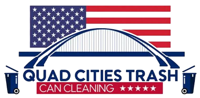 The Fresh A logo for Quad Cities Trash Can Cleaning featuring an American flag, bridge, and trash cans.Water Bins logo features a blue wheelie bin with a light blue water droplet inside, next to 'FRESH WATER BINS' text.