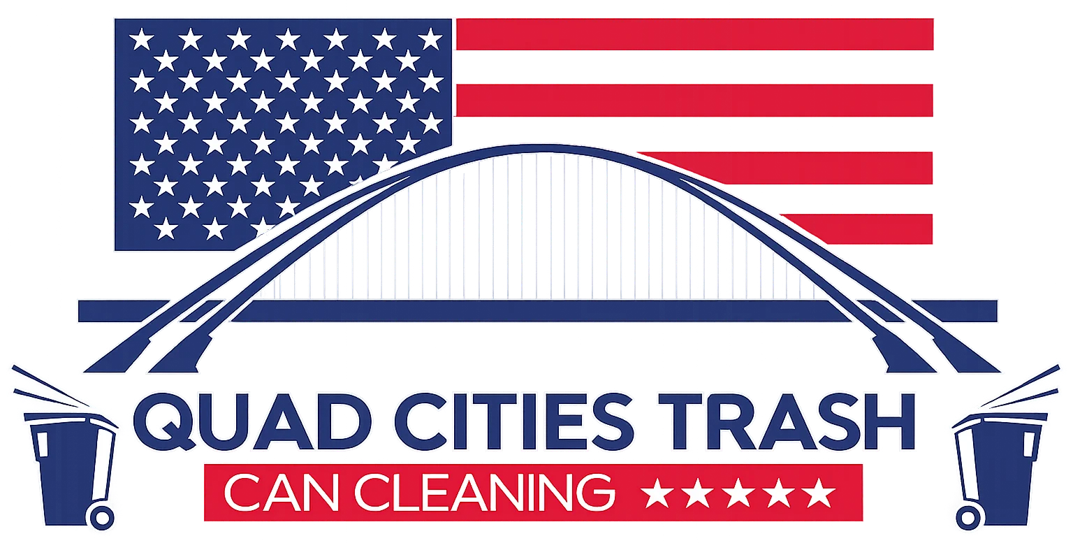 Logo for Quad Cities Trash Can Cleaning, featuring an American flag, bridge outline, trash cans, and stars.
