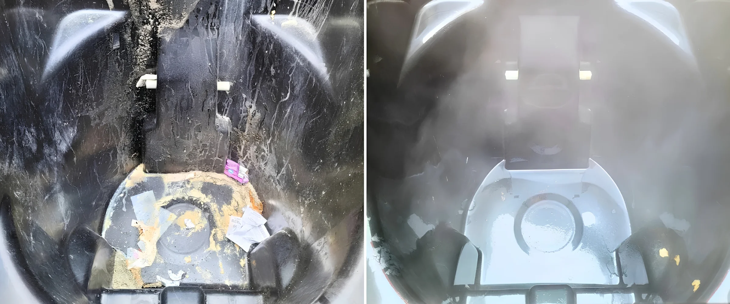 A split image showing the inside of a dirty bin with debris and a clean, steaming bin after power washing.