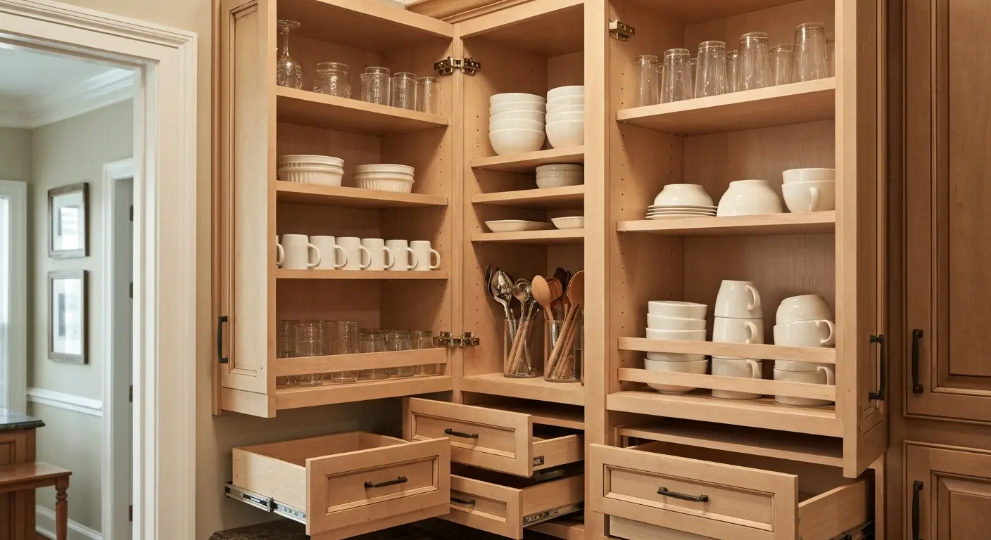 Interior cabinet organization with custom hardware