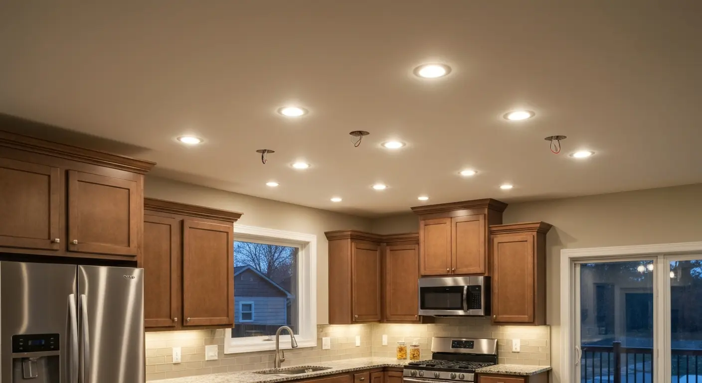 Recessed ceiling lights in modern kitchen layout