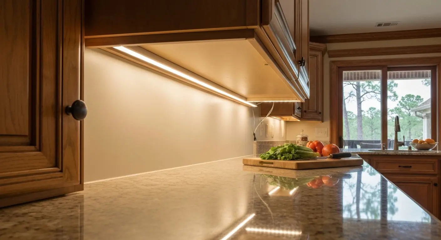 Under-cabinet LED strip lighting installation