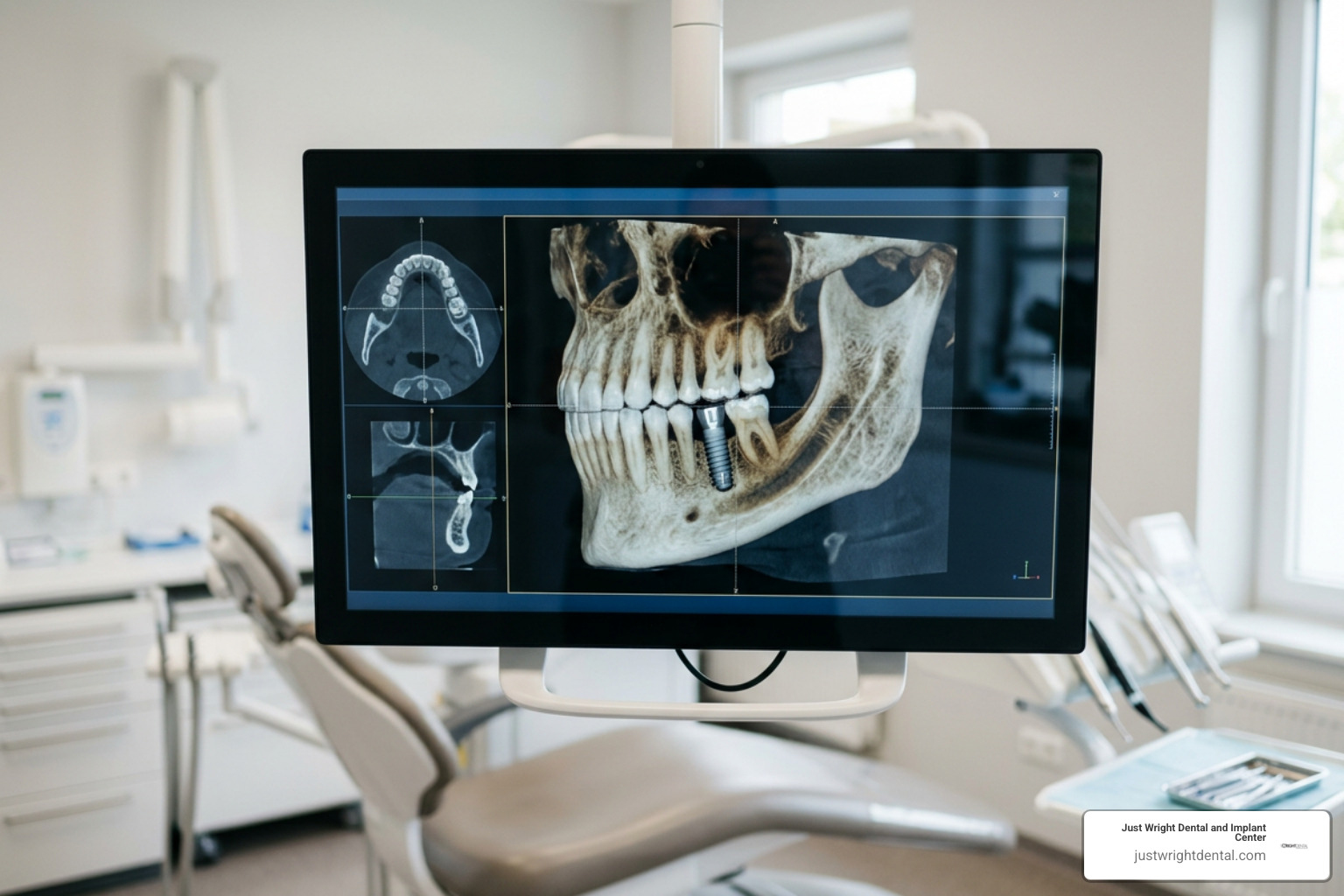 CBCT scan of a patient's jaw displayed on an operatory monitor at Just Wright Dental in Corsicana, TX CBCT scan of a patient's jaw displayed on an operatory monitor at Just Wright Dental in Corsicana, TX