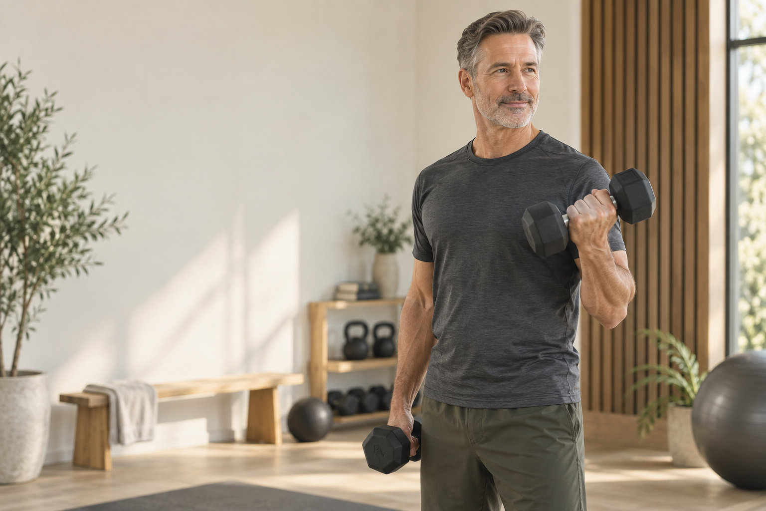 Middle-aged man strength training to support hormone and bone health