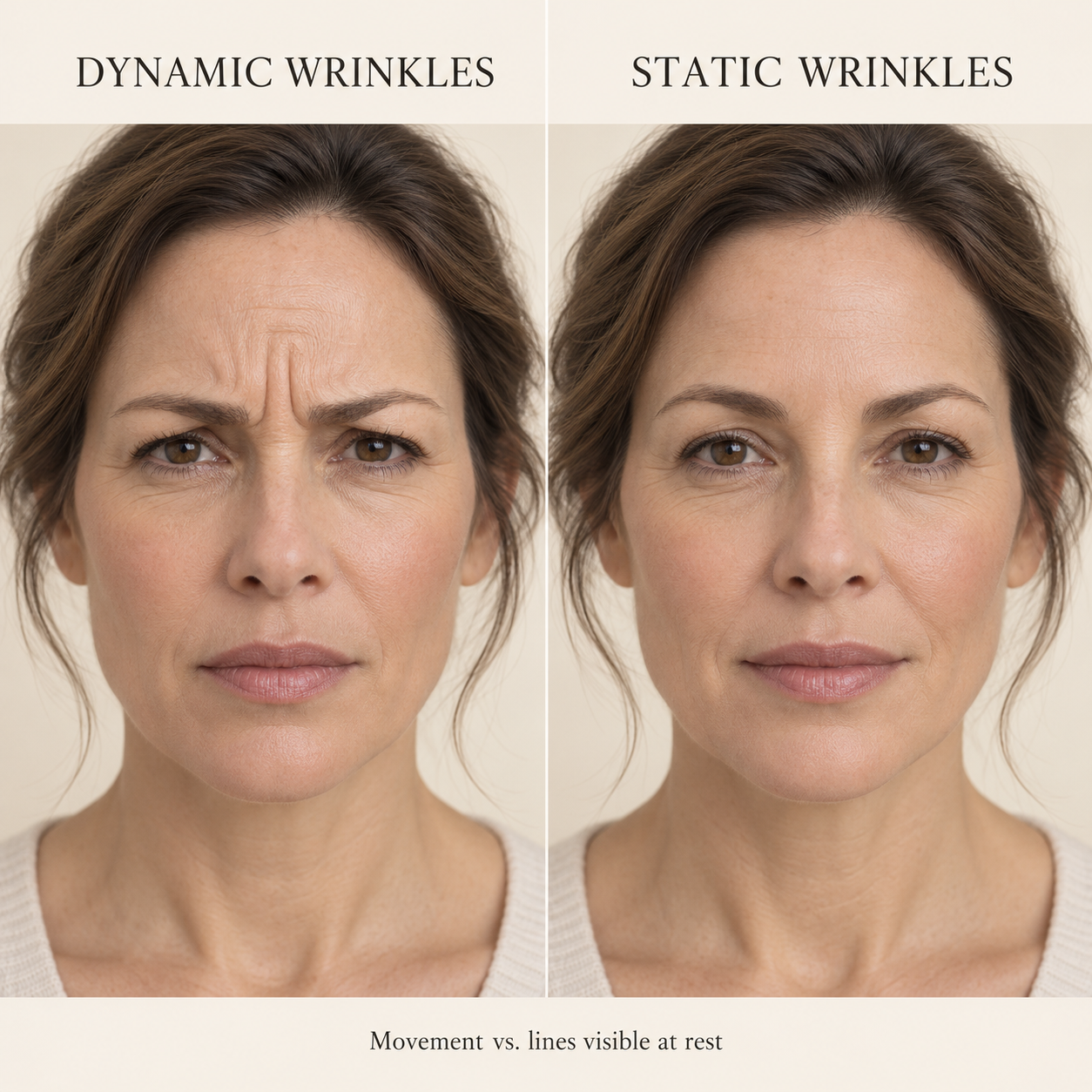 Comparison of dynamic wrinkles during facial movement and static wrinkles visible at rest Comparison of dynamic wrinkles during facial movement and static wrinkles visible at rest