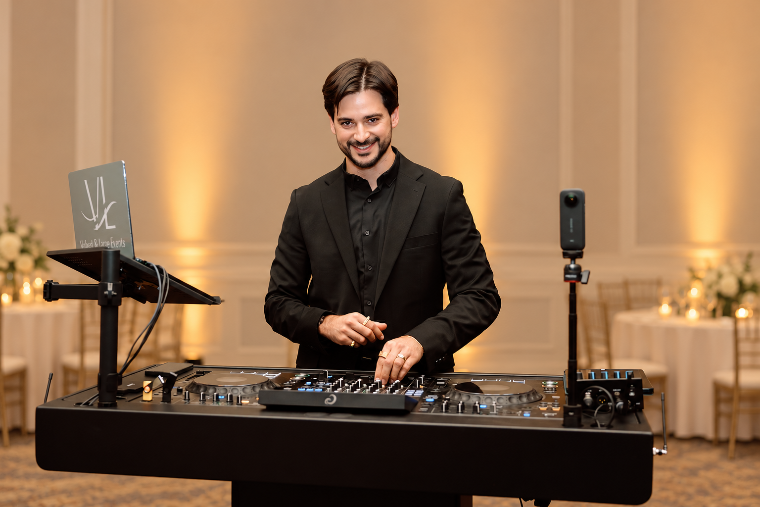 Erik at the DJ booth in a banquet ballroom with warm uplighting.