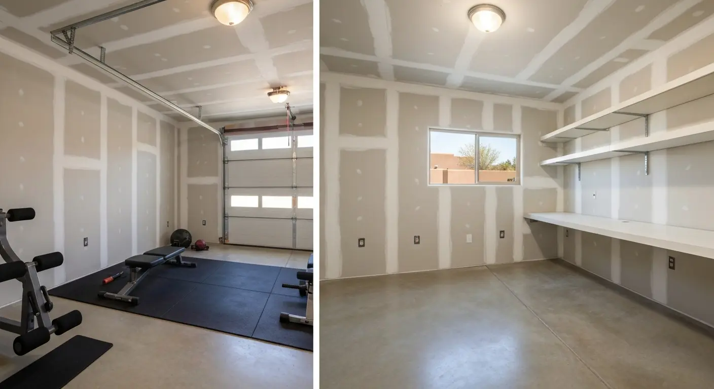 Garage converted to home gym and workspace