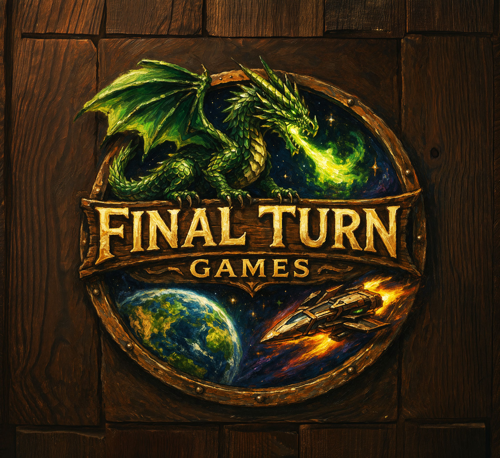 A green dragon and bronze spaceship on the Final Turn Games tavern sign