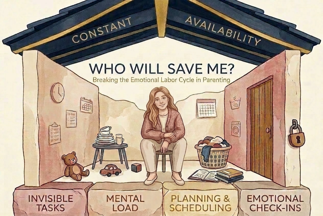 Illustration showing the emotional labor trap in parenting through a foundation, walls, roof, and locked door structure
