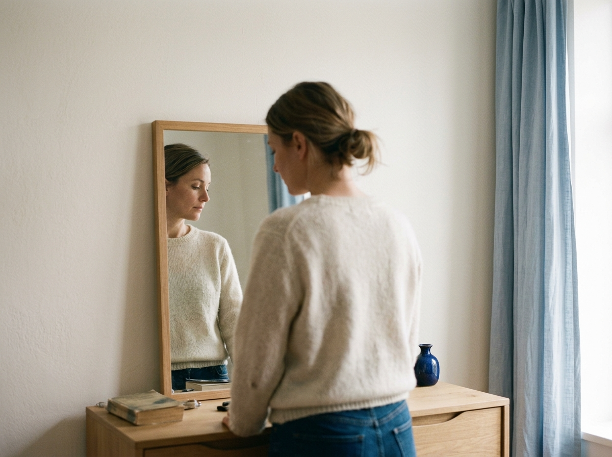 Parent reflecting on identity in front of a mirror