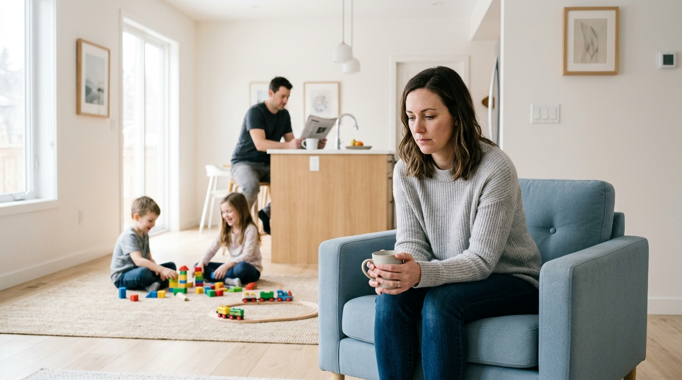 Family moment showing emotional distance and reflection