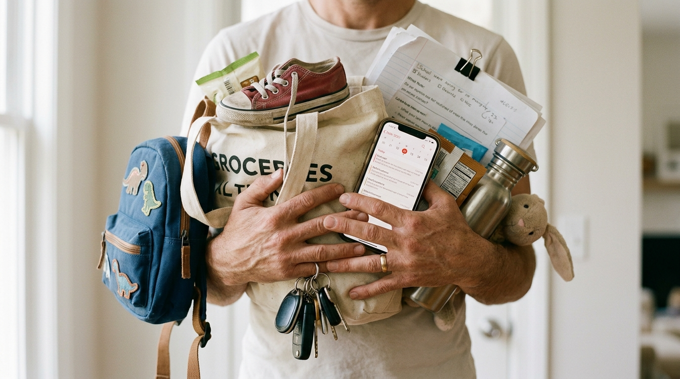 Parent’s hands holding multiple items, symbolizing invisible labor