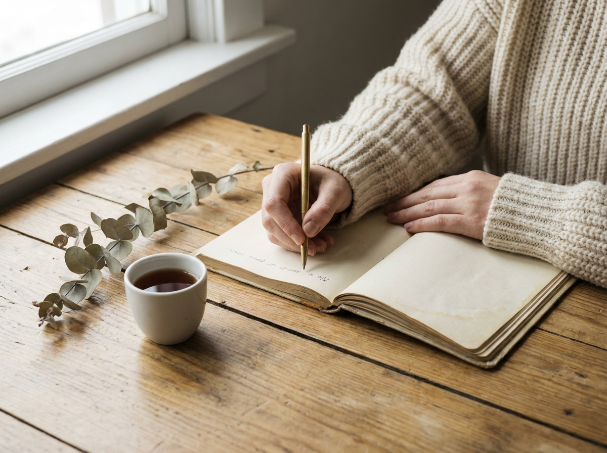 Hands writing quietly in a journal by a window