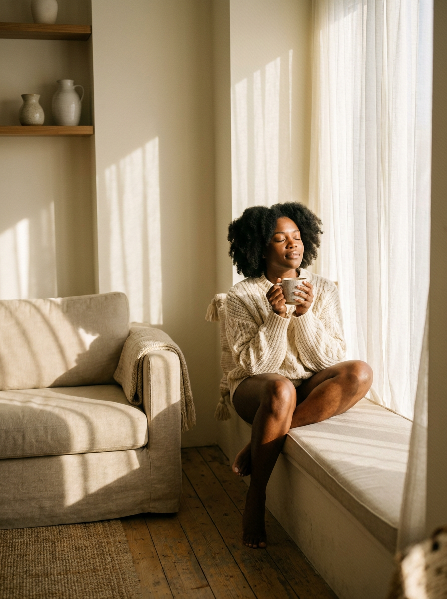 A parent pausing quietly with a warm mug by a sunlit window