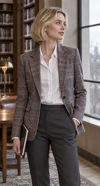 Young woman styling the ELLEVEN Grey Red Plaid blazer