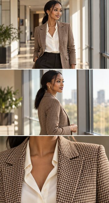 Young woman styling the ELLEVEN Coffee Houndstooth blazer