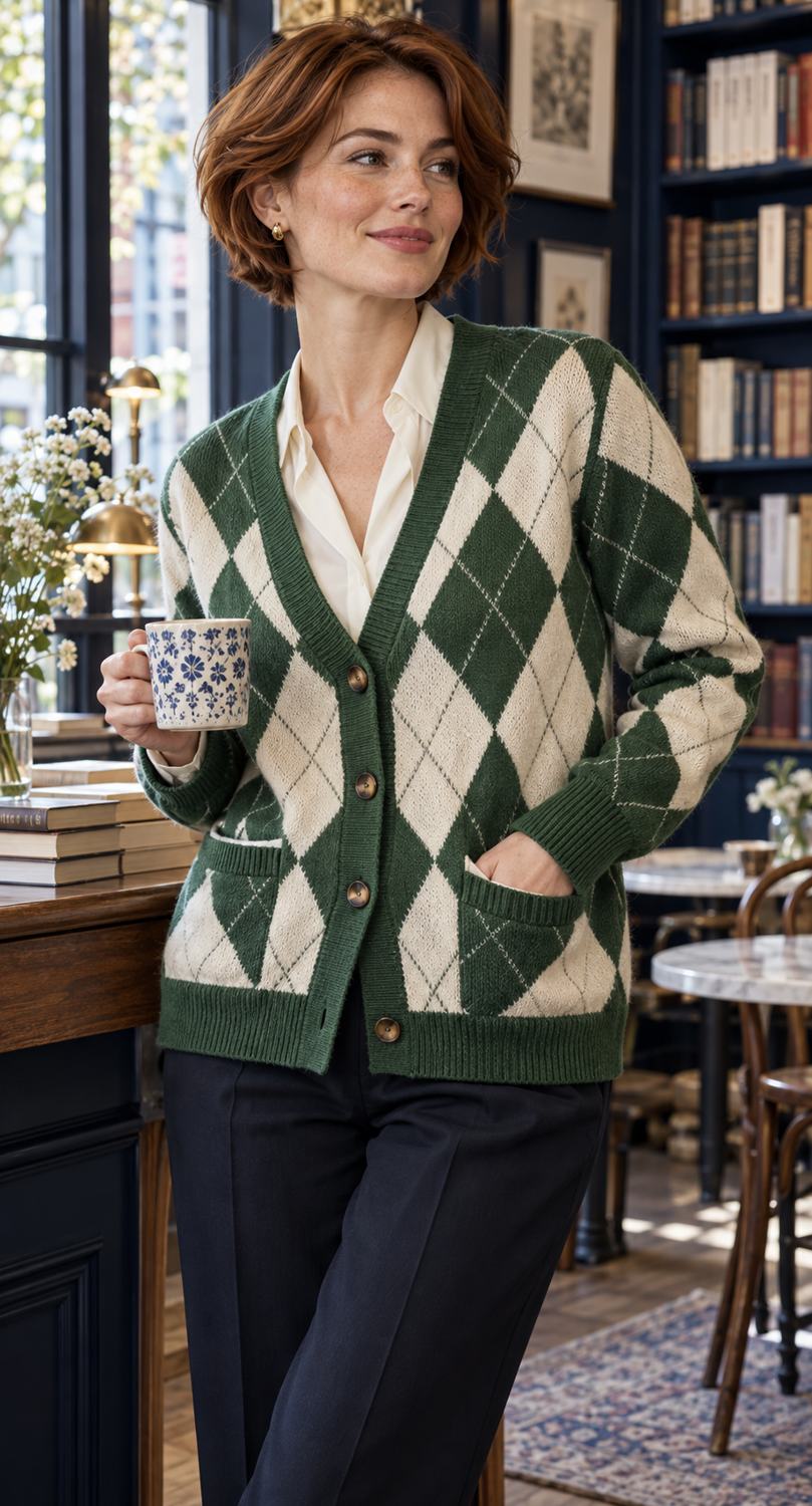 Green argyle cardigan paired with warm neutral outfit pieces