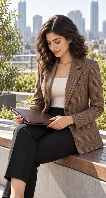 Young woman styling the ELLEVEN A-brown Plaid blazer
