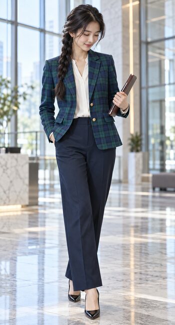 Young woman styling the ELLEVEN Blue Green Plaid blazer