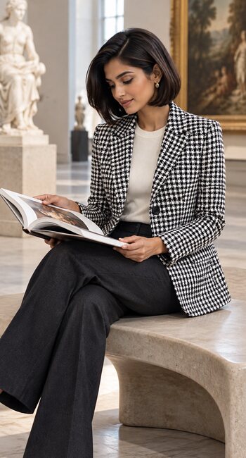 Young woman styling the ELLEVEN Black Houndstooth blazer