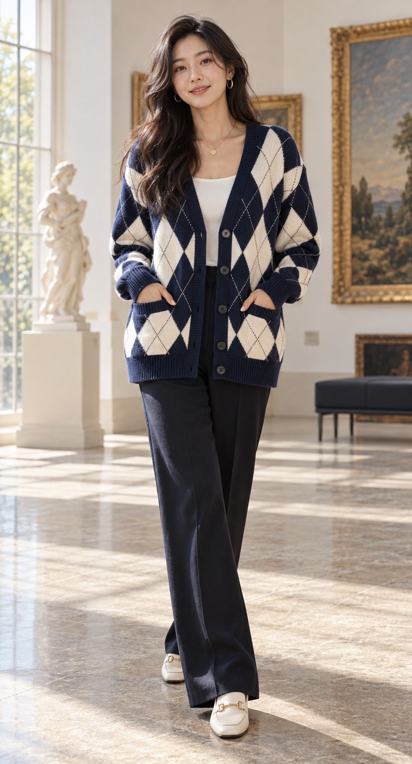 Navy blue argyle cardigan with polished denim styling