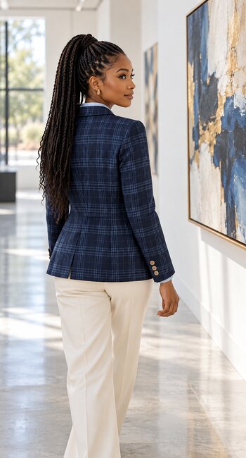 Young woman styling the ELLEVEN Navy Blue Plaid blazer