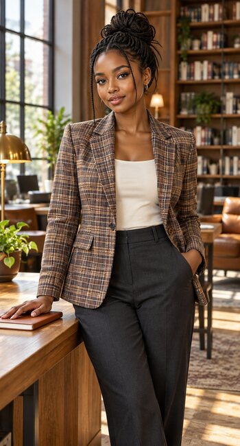 Young woman styling the ELLEVEN Mixed Brown Plaid blazer