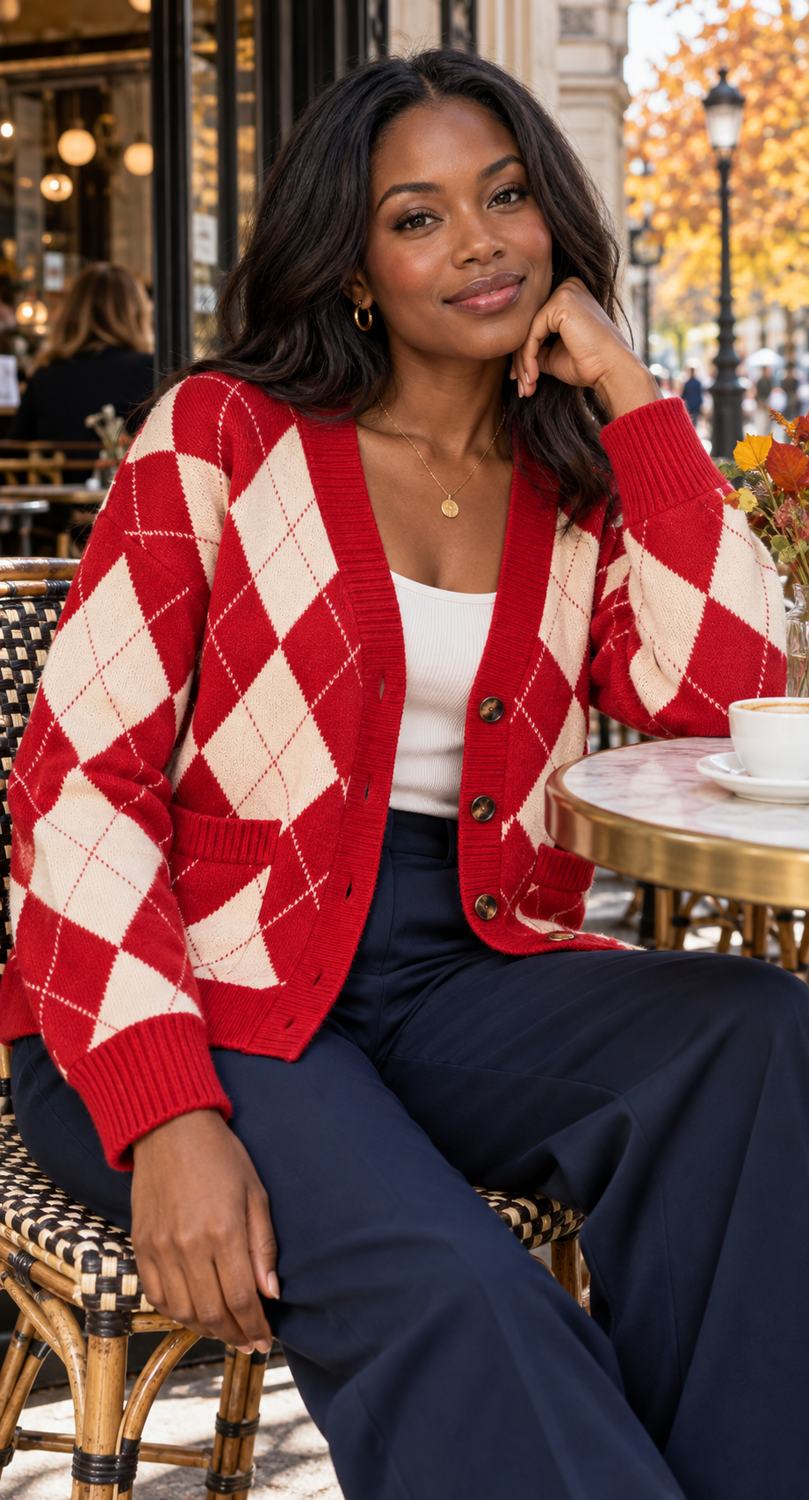 Red argyle cardigan used as the focal point of a simple outfit