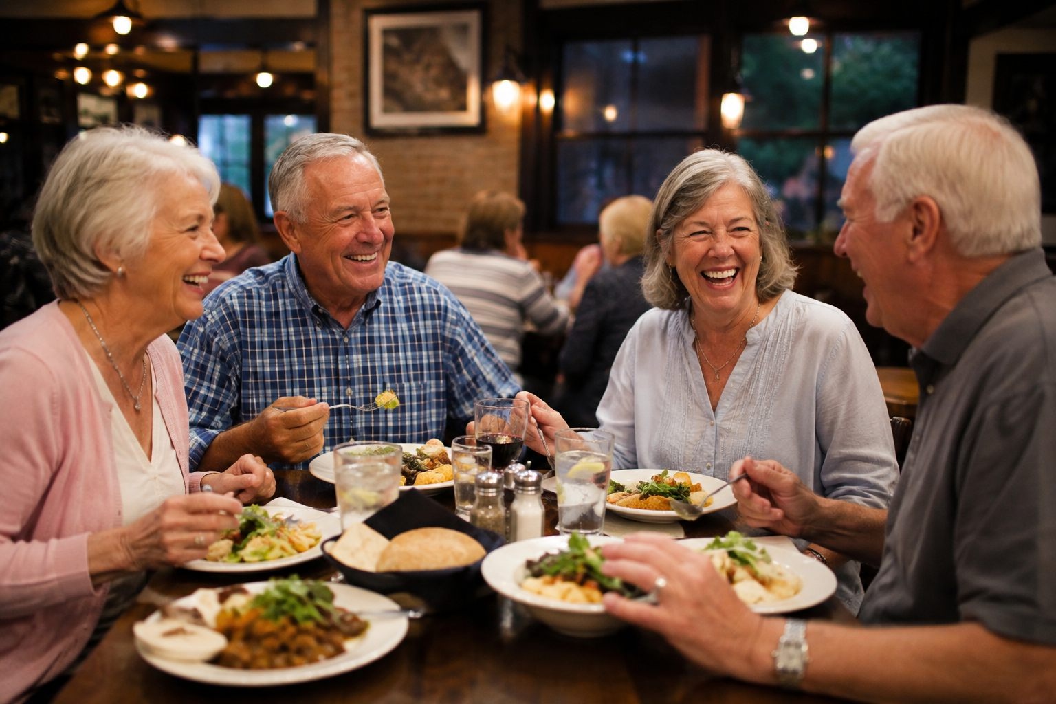 A group of older adults laughing together over dinner at a warm, welcoming restaurant table