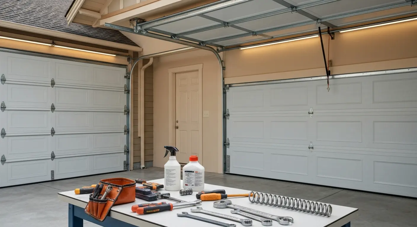 Technician performing garage door maintenance