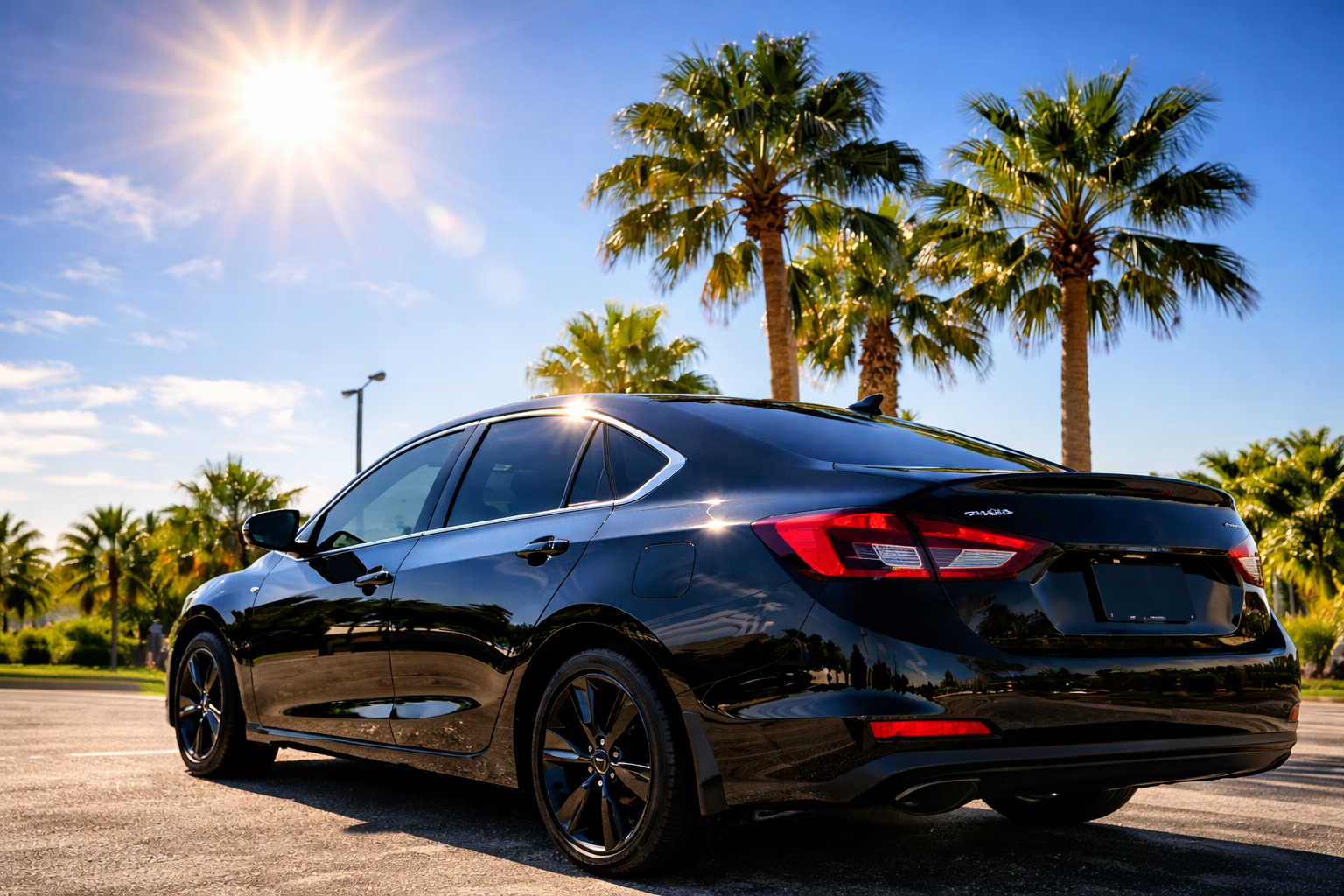 Sleek black sedan under Florida sun