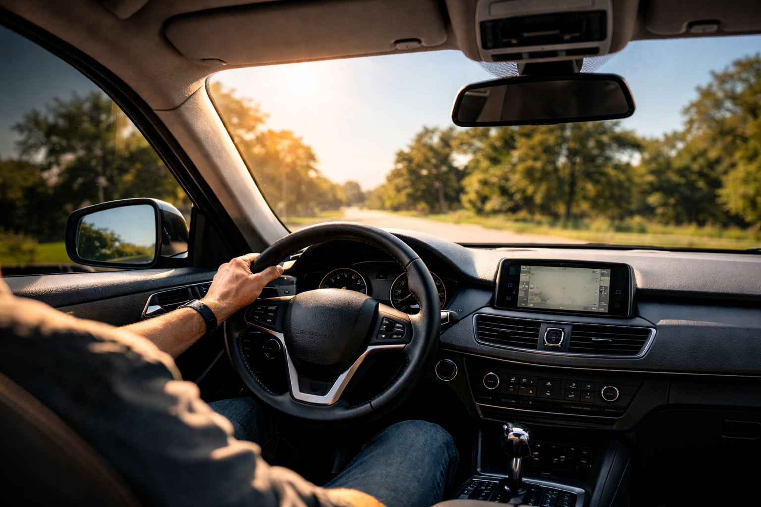 Sunlit drive through modern car interior