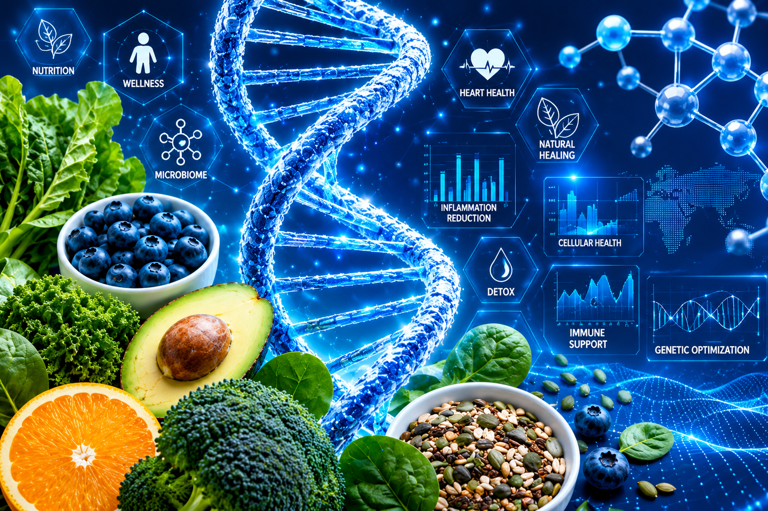 DNA helix surrounded by nutrient-dense foods and digital analysis graphics representing nutritional genetic testing.