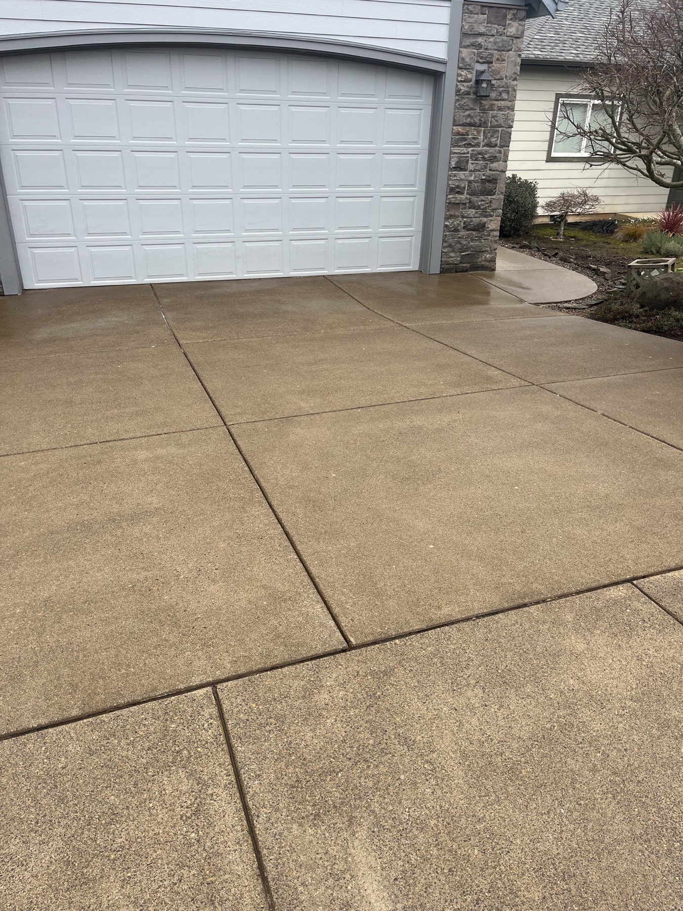 After: Dirty concrete driveway before pressure washing