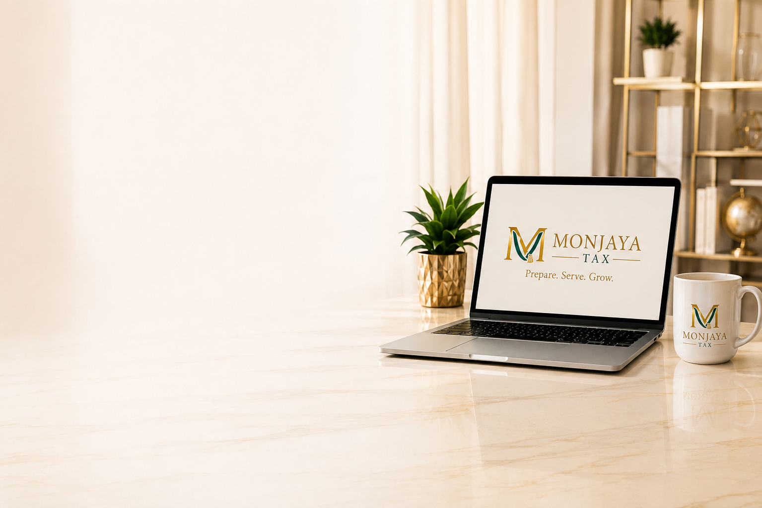 Laptop showing the Monjaya Tax screen on a desk