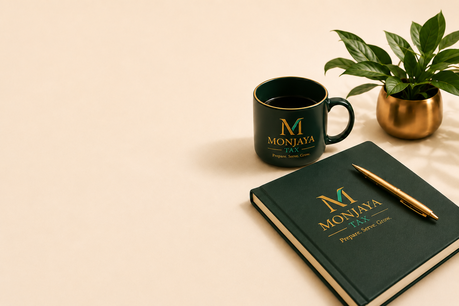 Monjaya Tax mug, journal, and pen on a desk