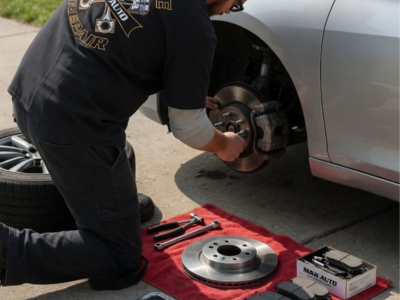 Mobile mechanic replacing brake pads and rotors at home in Northwest Arkansas