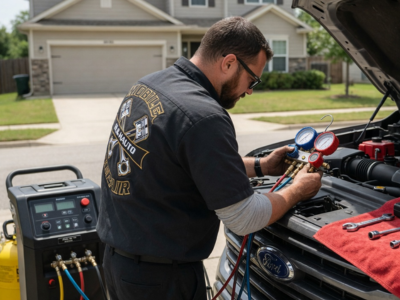 Mobile mechanic performing car AC repair and recharge in Northwest Arkansas