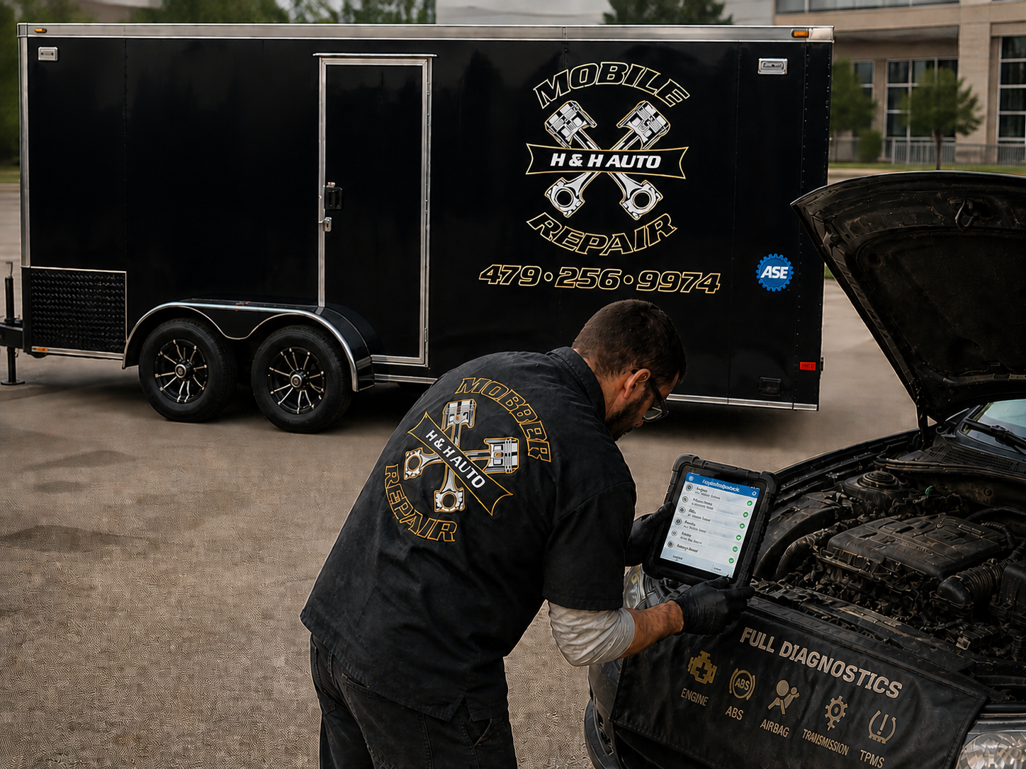 Mobile mechanic diagnosing engine bay with multimeter and scan tool in Northwest Arkansas — H & H Auto LLC