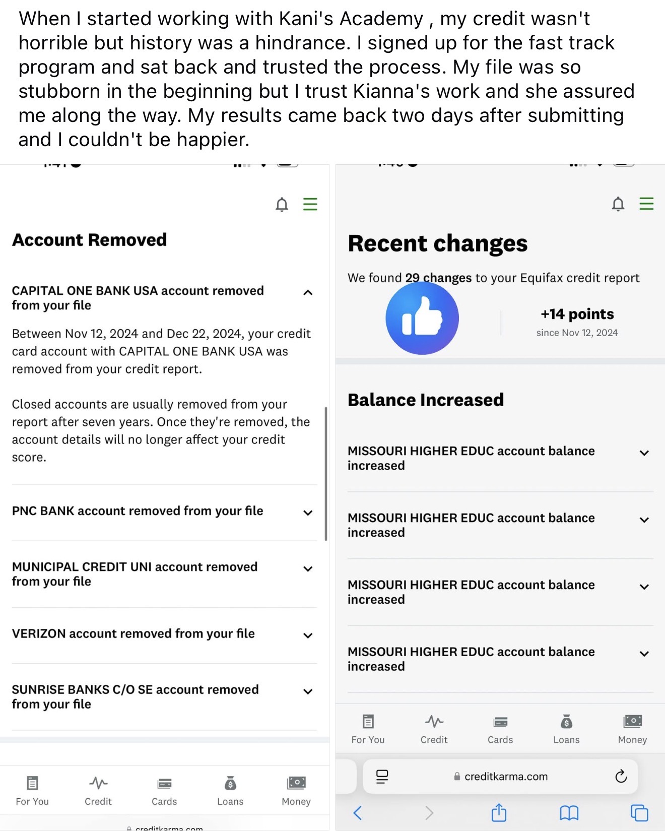 Client testimonial result
