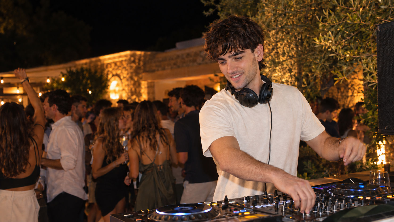 Indus, DJ de Ona Events, pinchando en una fiesta privada en Valencia mientras la gente baila