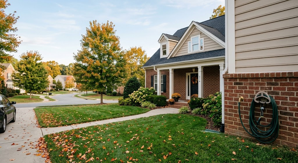Suburban home with outdoor garden hose during early fall, highlighting seasonal plumbing preparation before cooler weather. Suburban home with outdoor garden hose during early fall, highlighting seasonal plumbing preparation before cooler weather.