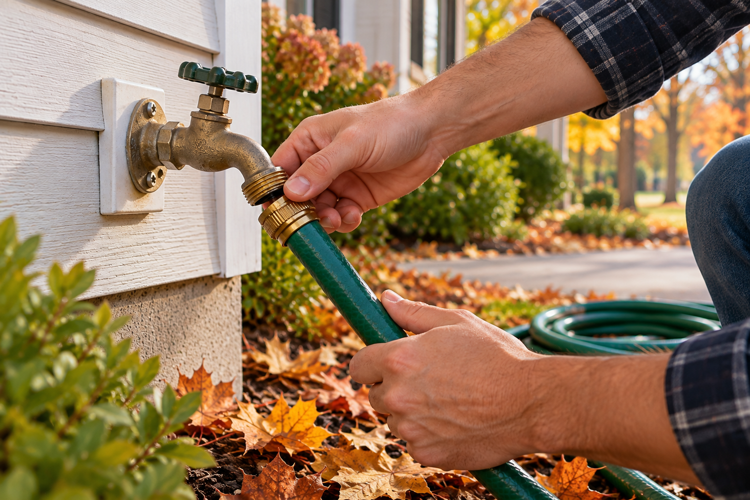 Homeowner disconnecting a garden hose from an outdoor faucet to prepare home plumbing for cooler fall weather. Homeowner disconnecting a garden hose from an outdoor faucet to prepare home plumbing for cooler fall weather.